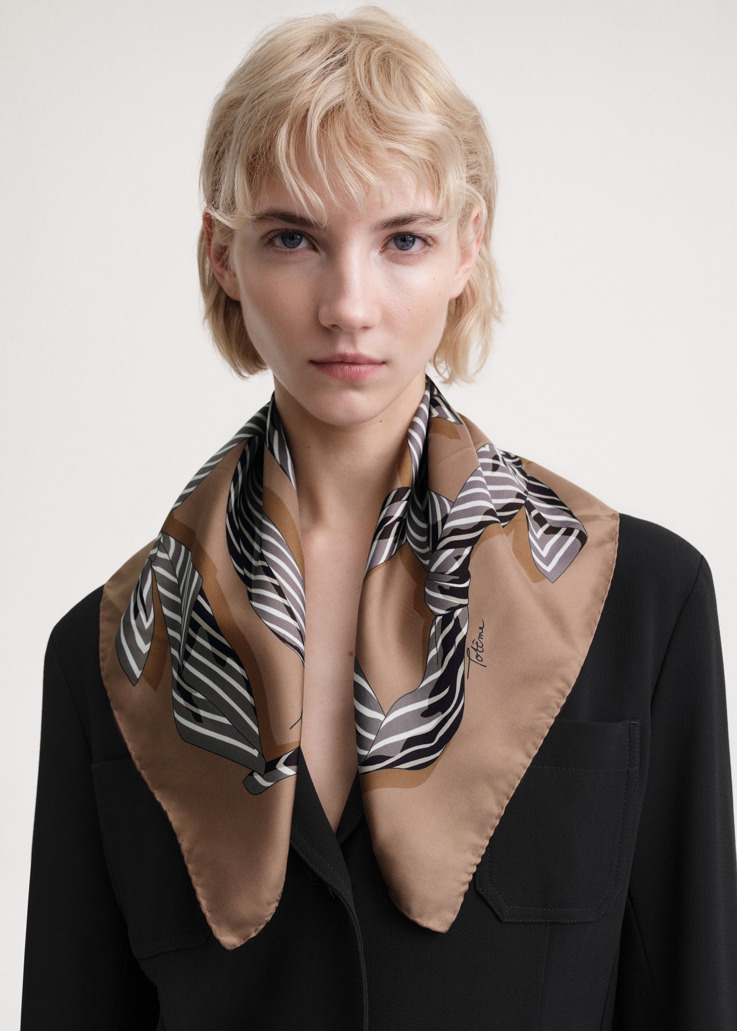 Totême Centered monogram silk scarf dark brown