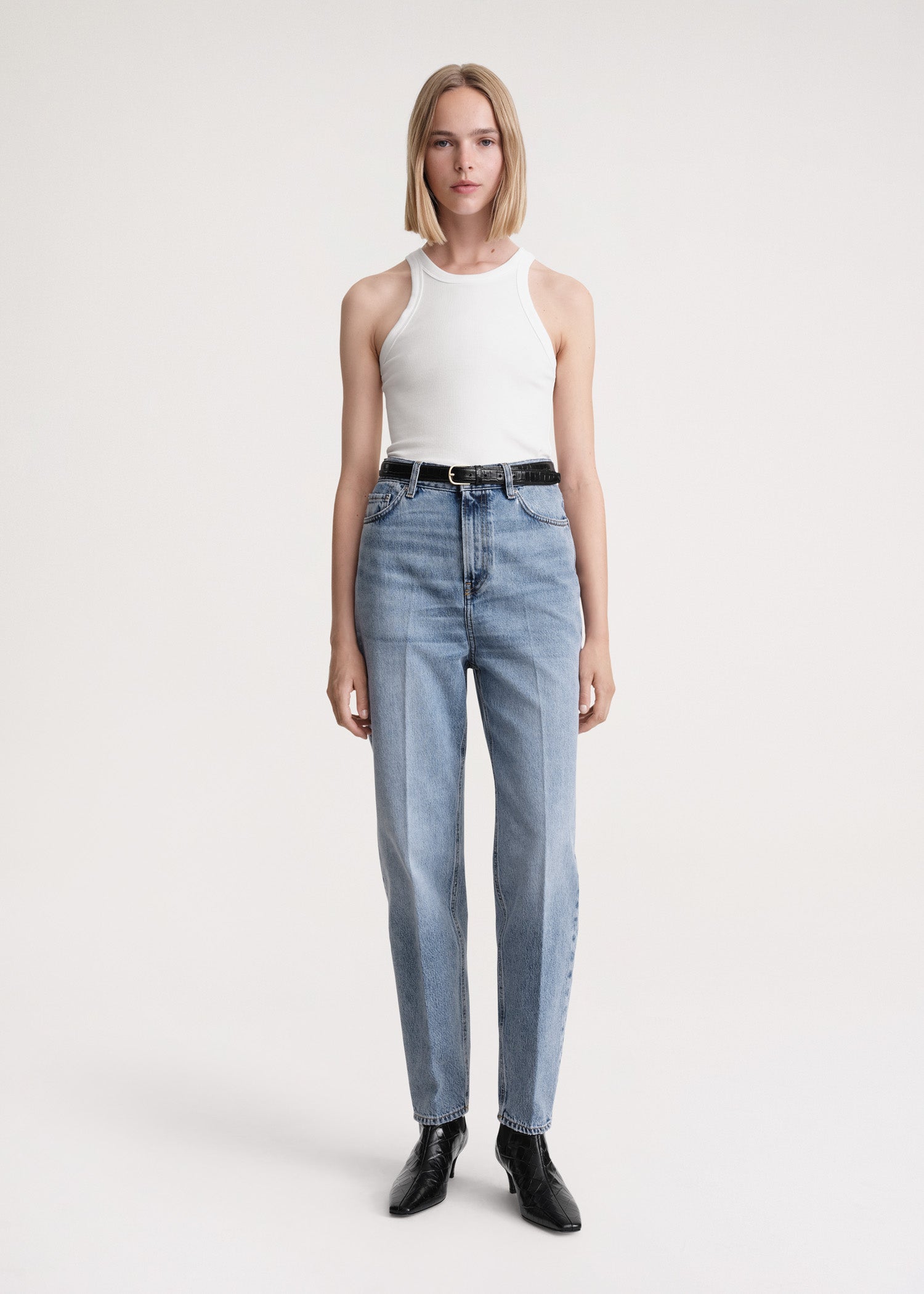 Mid Denim Blue, Chambray Tapered Leg Trousers