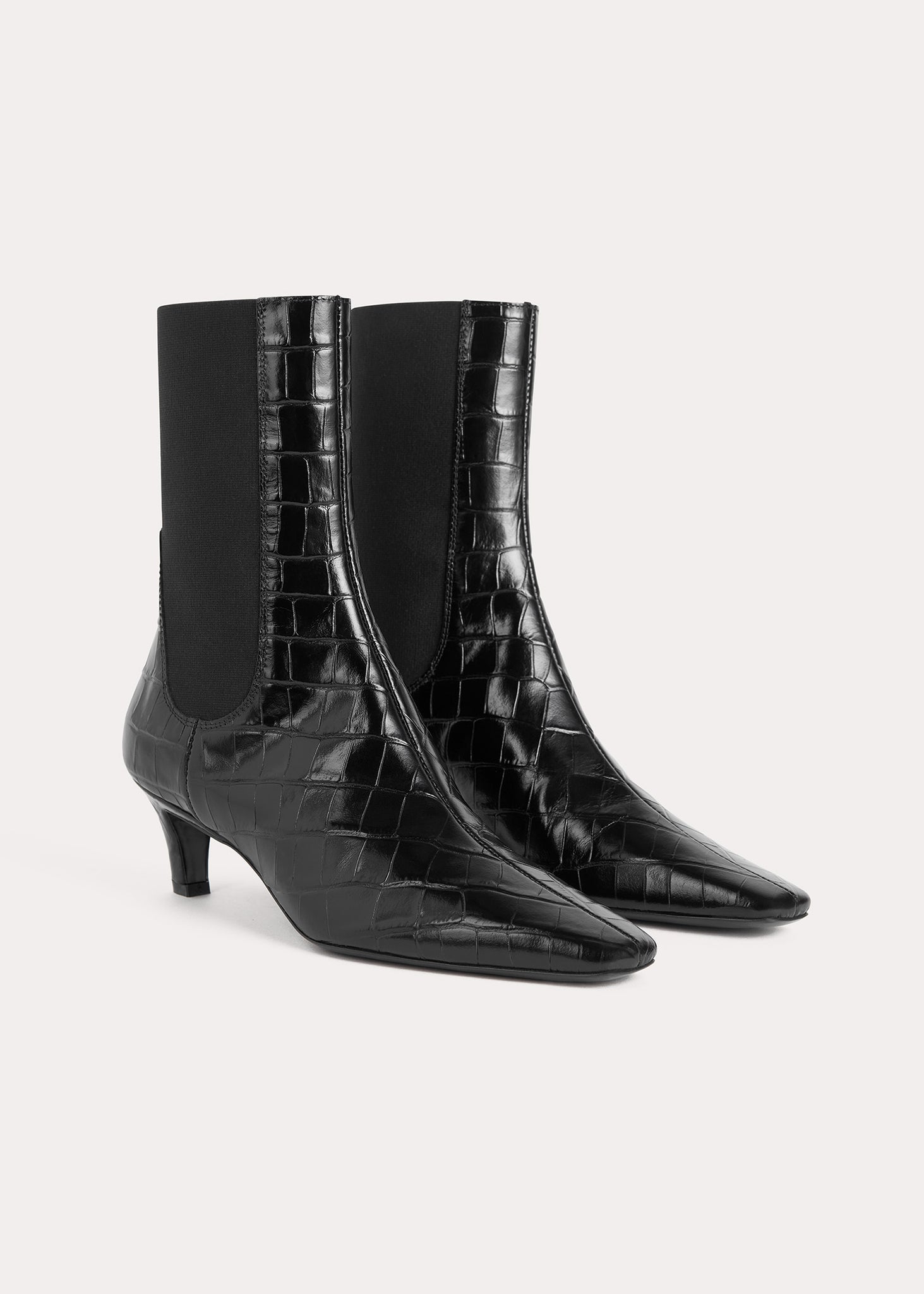 The Mid Heel Leather Boot black croco