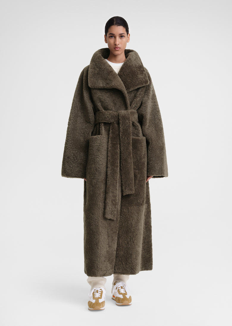 Belted teddy shearling coat cement green