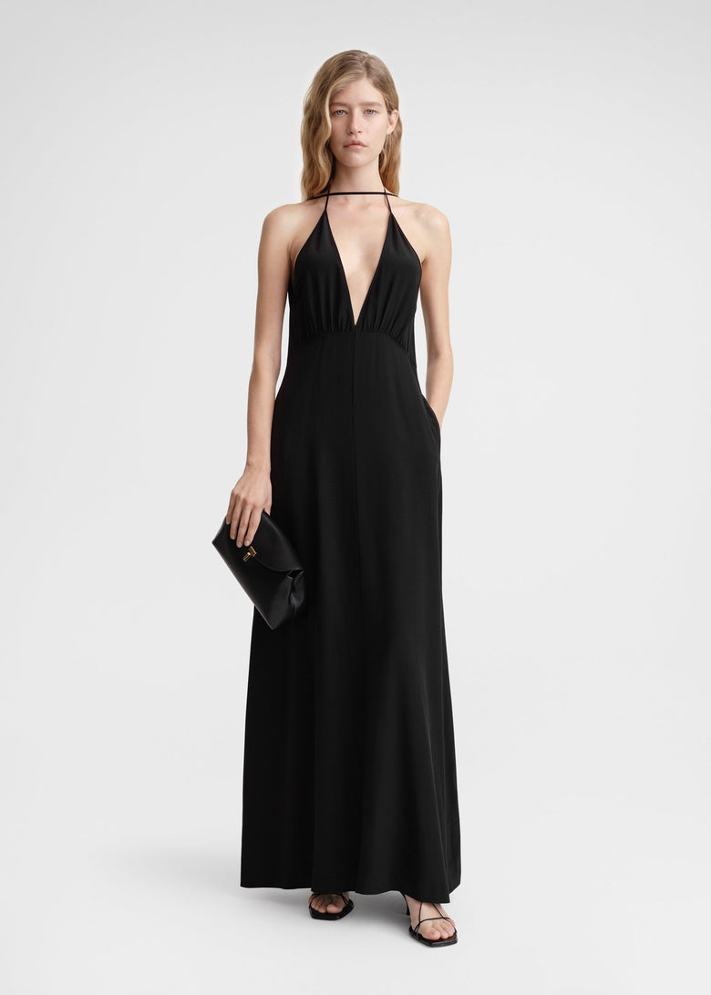 Double-halter silk dress black
