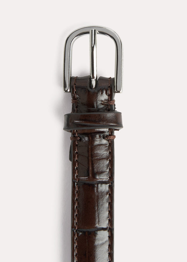 Double clasp leather belt dark brown croco