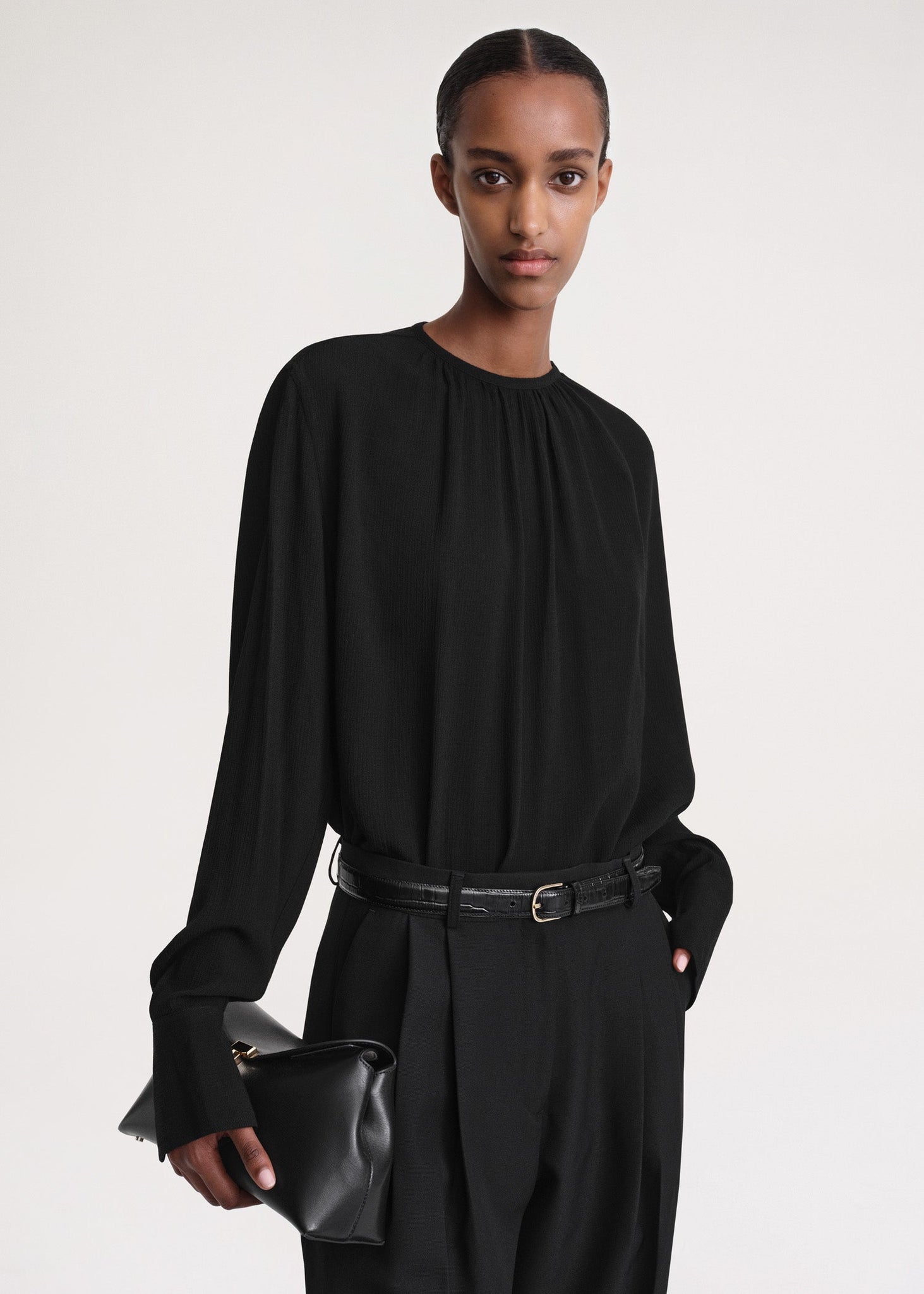 Gathered-neck crepe blouse black