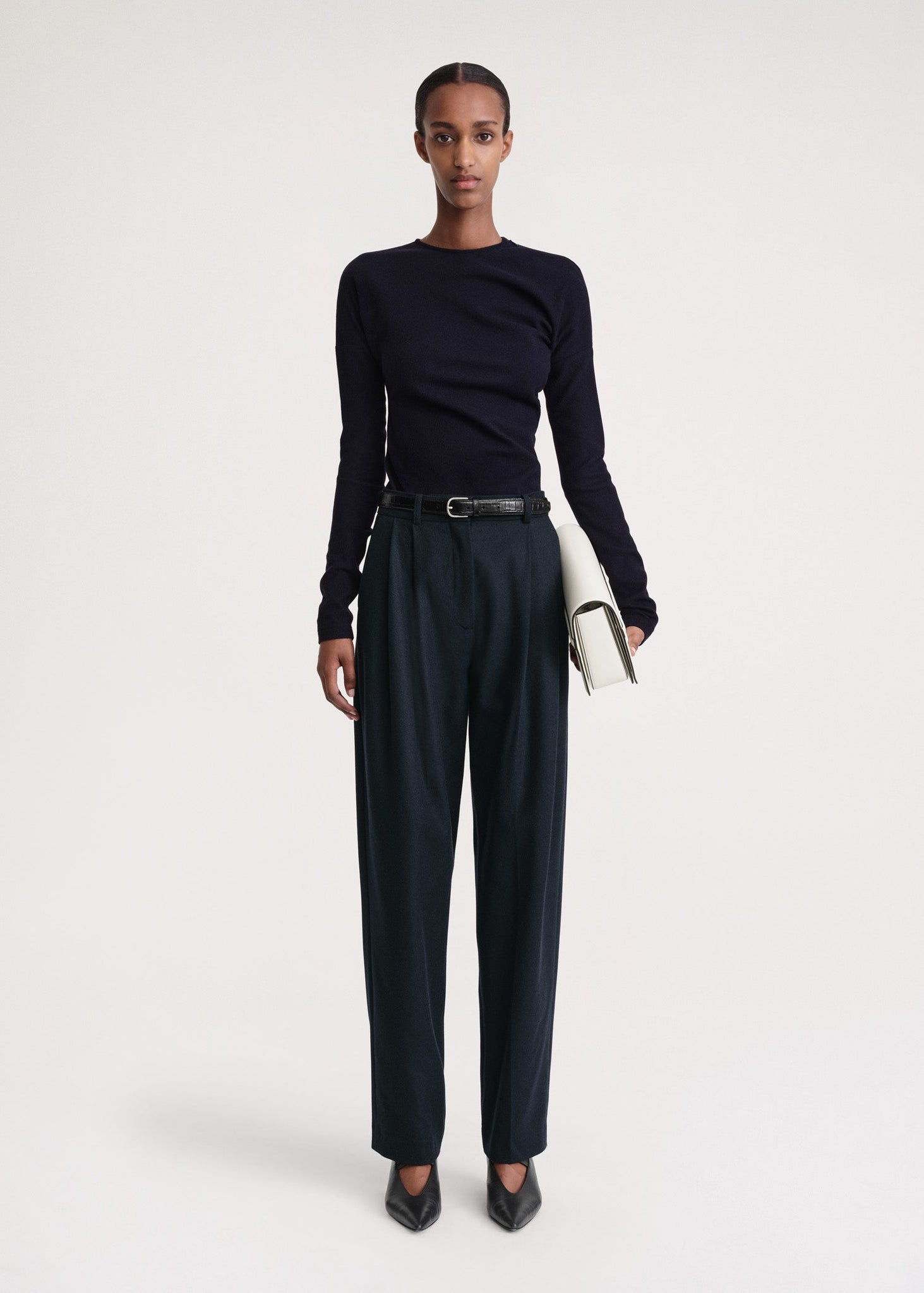 Double-pleated tailored trousers navy