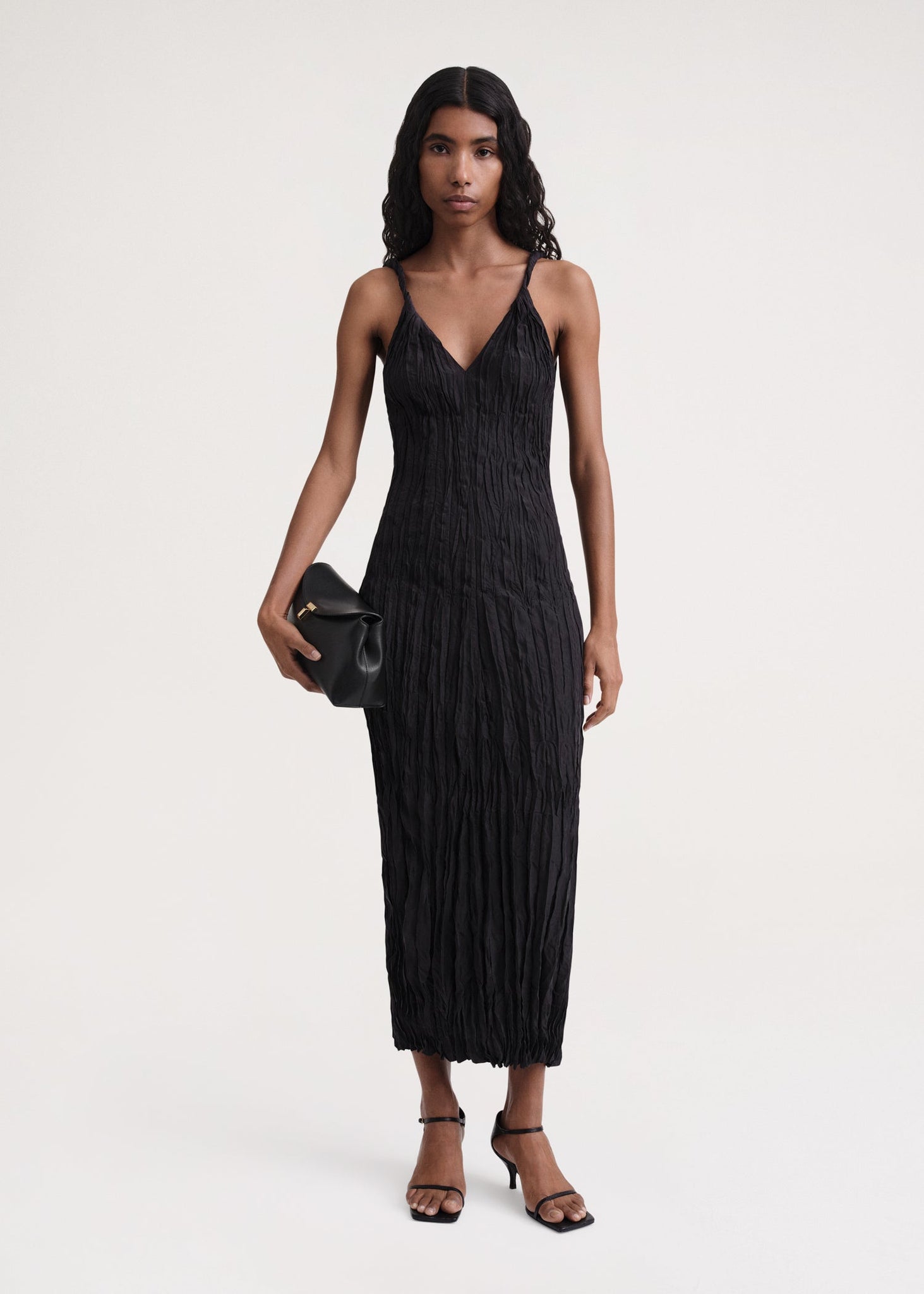 Twist-strap crinkled silk dress black – TOTEME