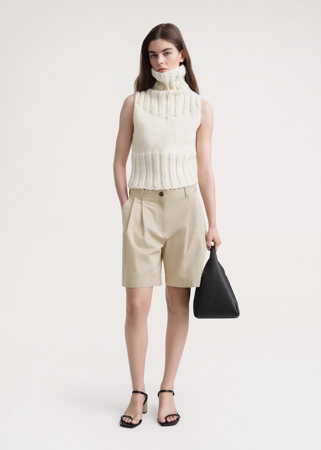 Pleated cotton-twill shorts overcast beige